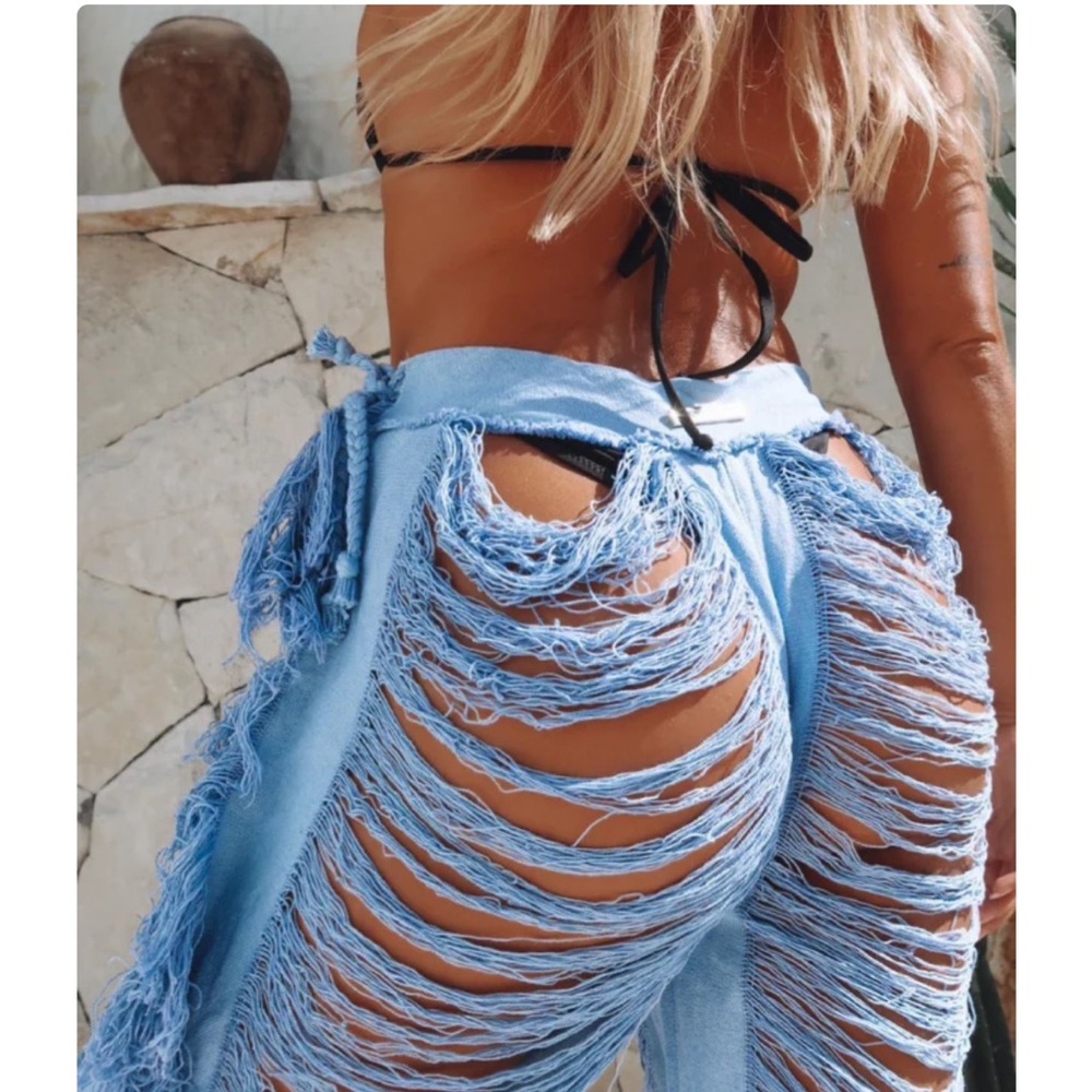 Blue Swim Coverup with Distressed Design